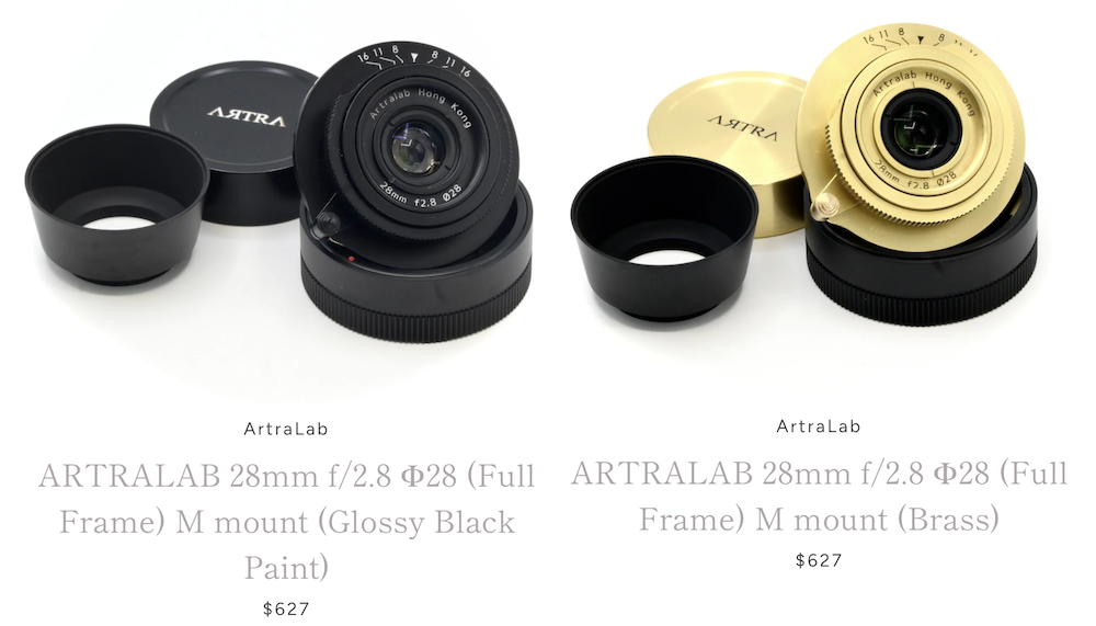 The Artralab 28mm f/2.8 M-mount lens is now available in glossy black paint and brass finishes